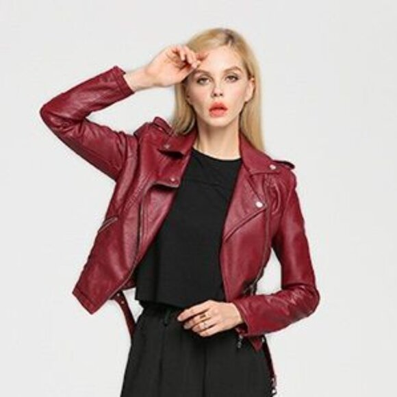 Moto Jacket Ladies Asymmetrical Jacket - Vegan Leather - Belted. Dark Red - Picture 8 of 9